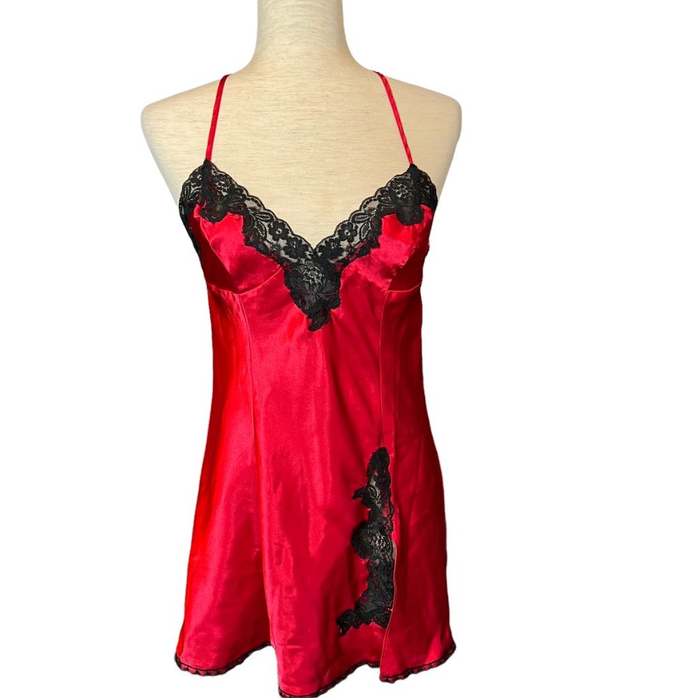 FREDERICK'S OF HOLLYWOOD red and black lingerie nightgown chemise Size S…